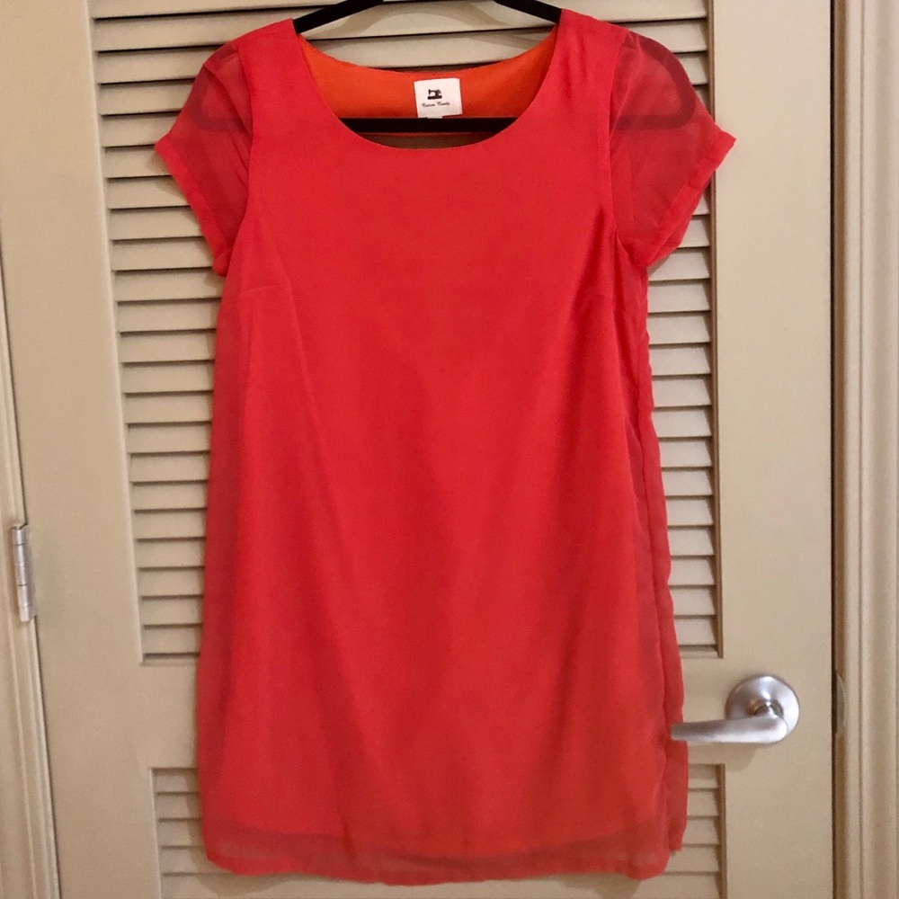 Coral Dress Sheer Short Sleeves Back Cut-Out